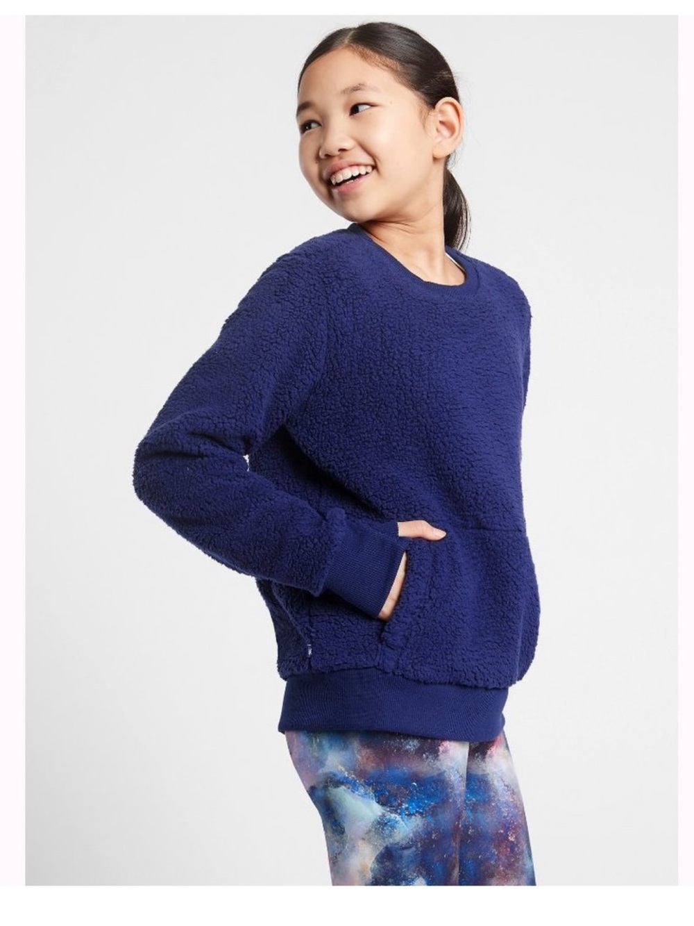 NWT Athleta Girl So Snug Sherpa Crewneck Navy Blue Sweatshirt XS/6
